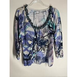 Alberto Makali Purple White Floral Abstract Print Scoop Neck 3/4 Sleeve Blouse L